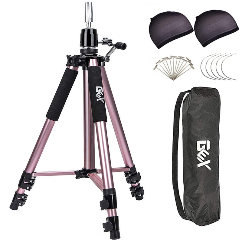 GEXWORLDWIDE GEX 63" Heavy Duty Mannequin Tripod Stand Wig Stand for Wig Mannequin Head Training Doll Manikin Head for Cosmetology Hairdressing with Travel Bag (Rose Gold) - Image 1